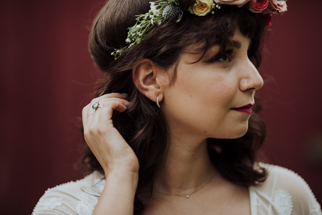side profile of bride hair and flowers