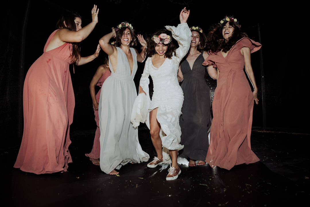 bridesmaid on a trampoline