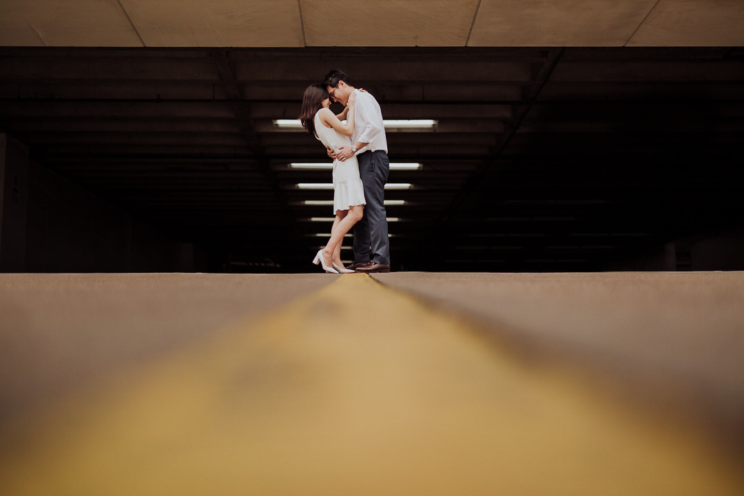 wide photo downtown near a parking garage